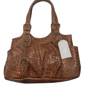 Jessica Simpson Croc 🐊 Embossed Satchel Tote Tan Faux Leather Shoulder‎ Bag NWT